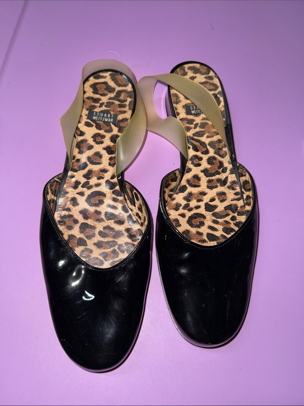 Stuart Weitzman Black Patent Slide Mules with Leopard Insole